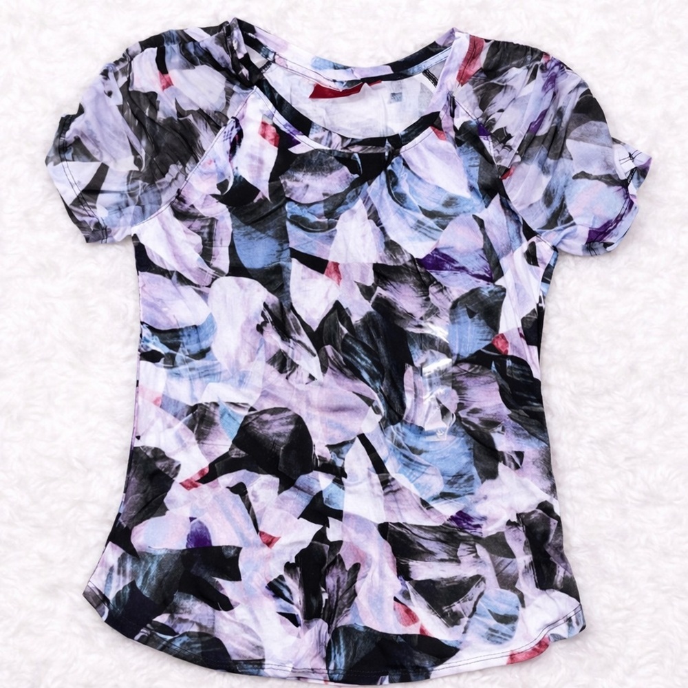 Jennifer Lopez Abstract Floral Top XS Purple Blue Stretch Blouse NWOT